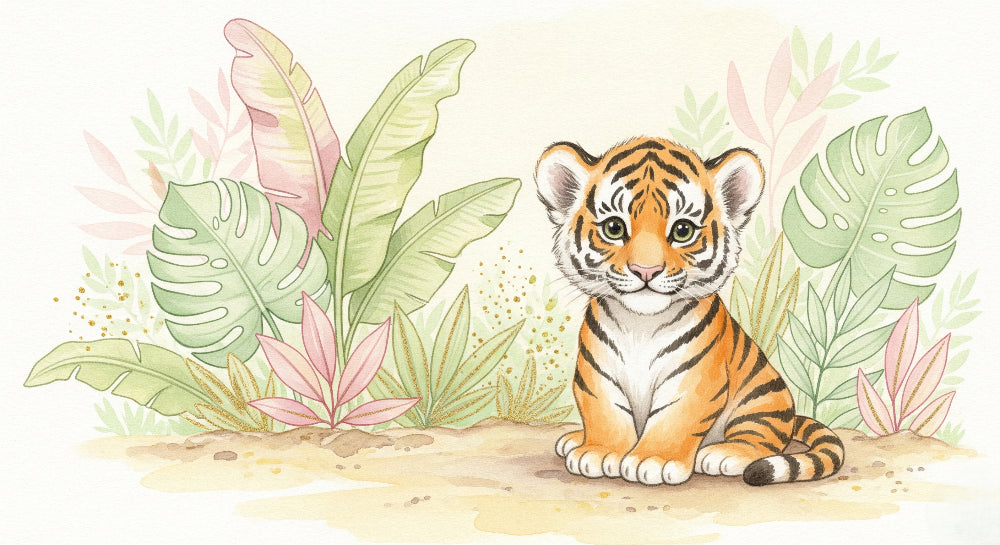 Detailed tiger jungle mural wallpaper design pattern with tropical foliage by Kids-Mundo