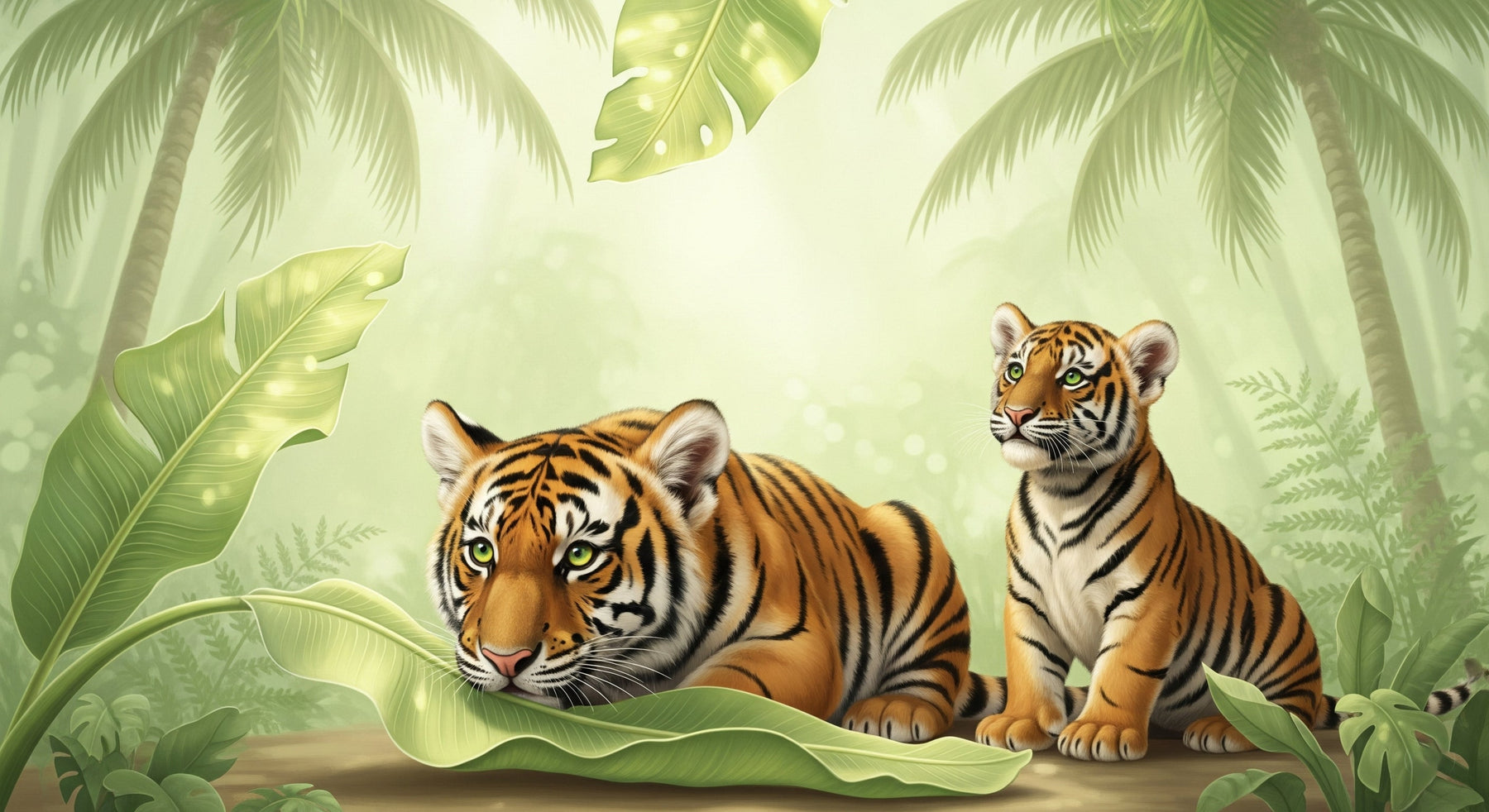 Detailed tiger jungle mural wallpaper design pattern with tropical foliage by Kids-Mundo