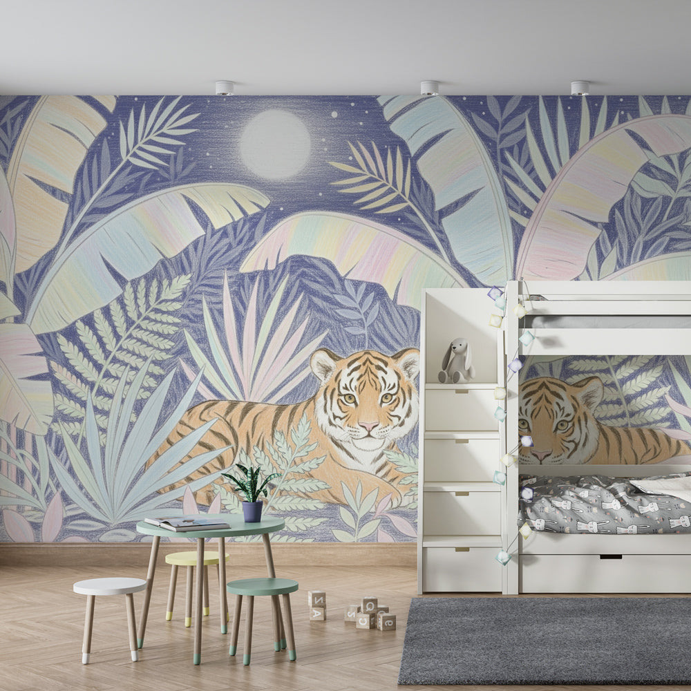 Moonlit tiger mural wallpaper transforming children's room into magical safari sanctuary
