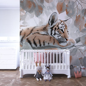 Safari animal mural wallpaper for children's room featuring peaceful tiger cub design