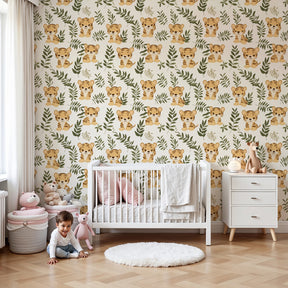 Tiger jungle mural wallpaper creating safari-themed nursery with playful tigers among foliage by Kids-Mundo