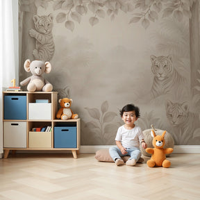 Tiger jungle mural wallpaper in modern nursery with neutral decor by Kids-Mundo