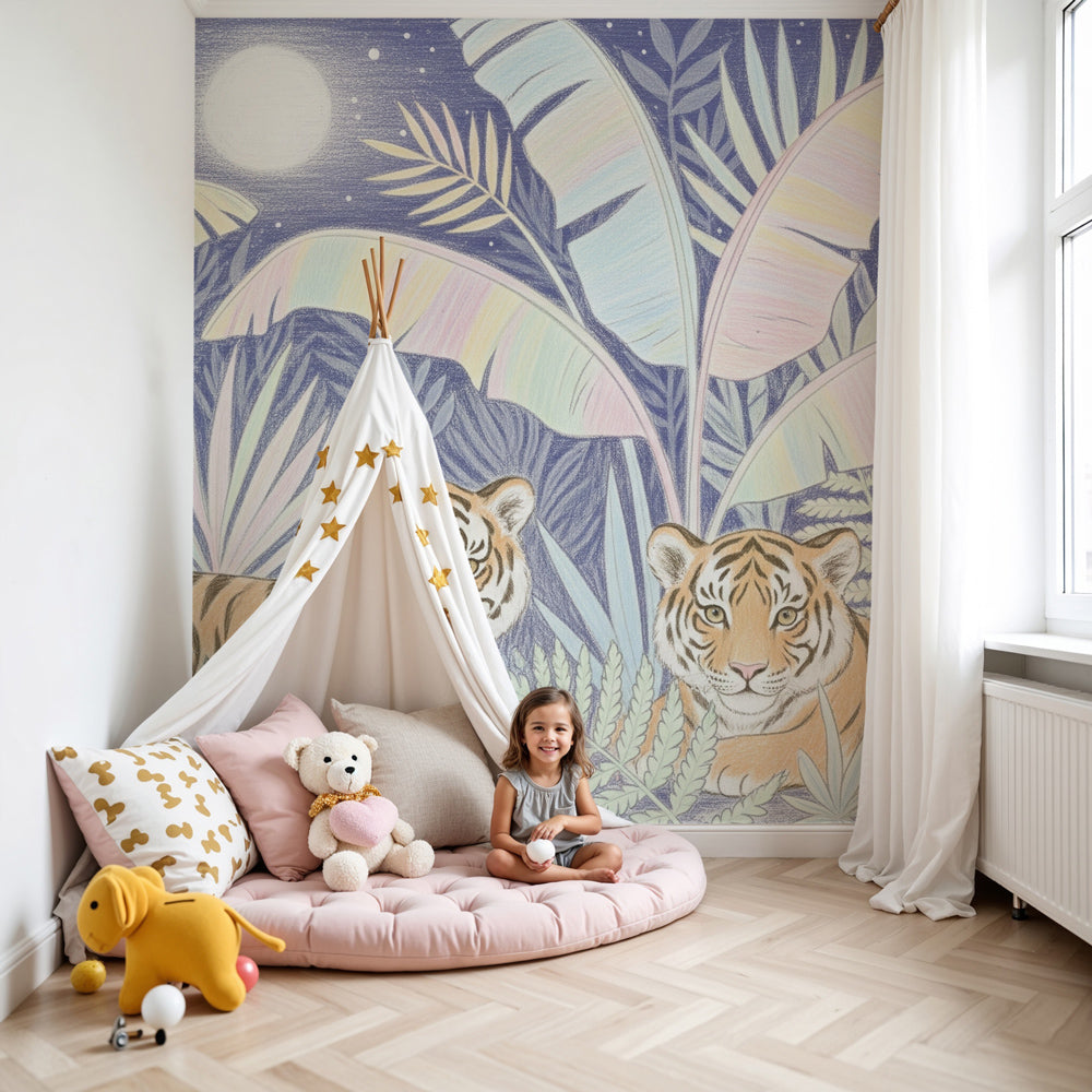 Tiger jungle mural wallpaper in modern nursery with moonlit safari theme by Kids-Mundo