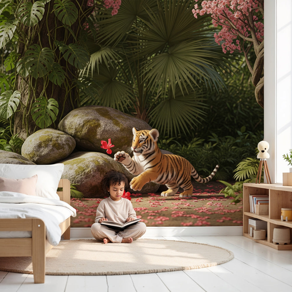 Tiger jungle mural wallpaper creating tropical safari atmosphere in modern nursery by Kids-Mundo