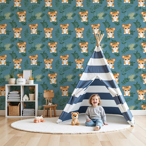 Tiger jungle mural wallpaper in modern nursery with cute animals and blue background by Kids-Mundo