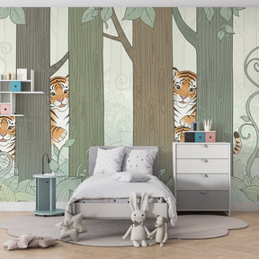 Tropical tiger wallpaper transforming nursery into wild forest adventure space with natural decor