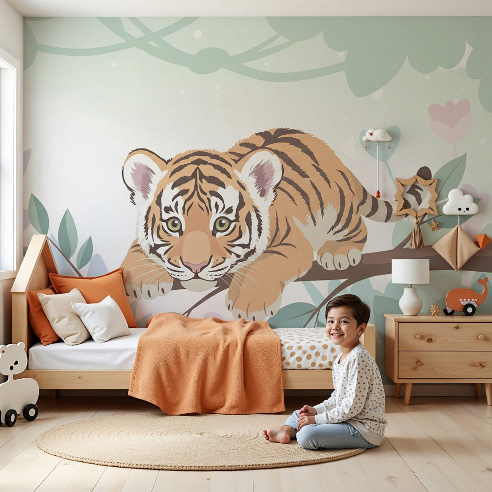 Tiger jungle mural wallpaper creating adventurous nursery decor with curious cub design by Kids-Mundo