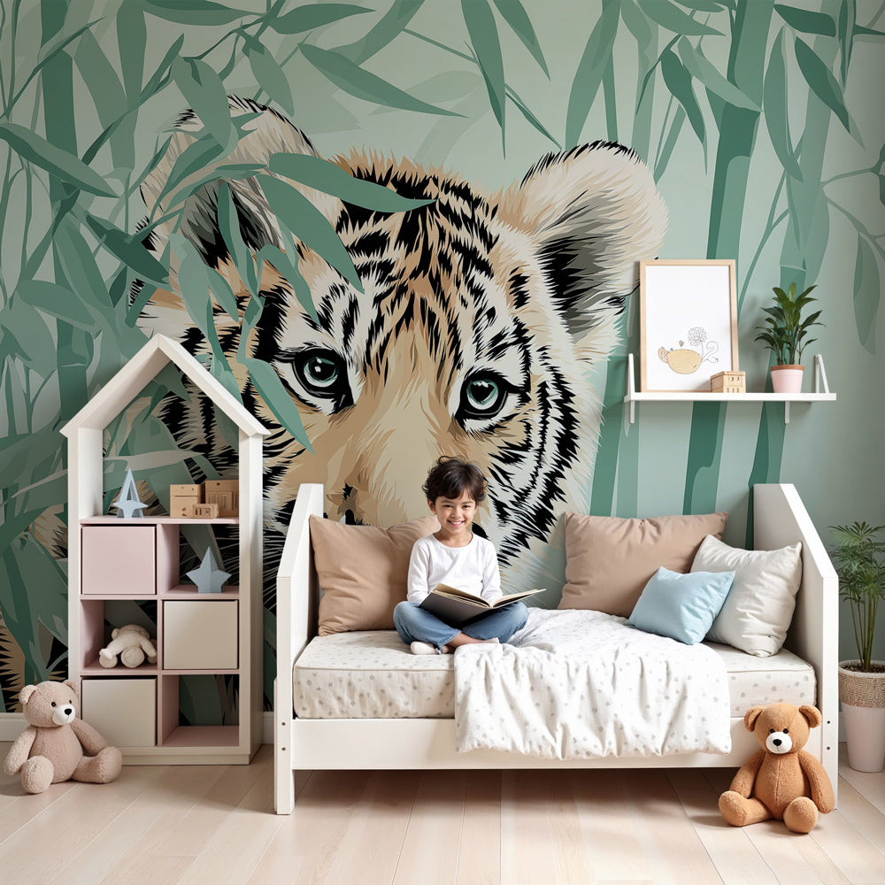 Tiger jungle mural wallpaper creating adventurous nursery decor with bamboo forest design by Kids-Mundo