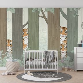 Children's tiger forest wallpaper creating imaginative play environment in bright playroom setting