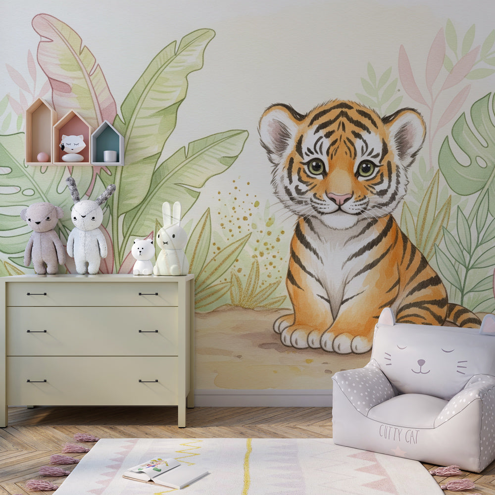 Nature-inspired tiger wallpaper creating magical jungle playroom atmosphere for kids
