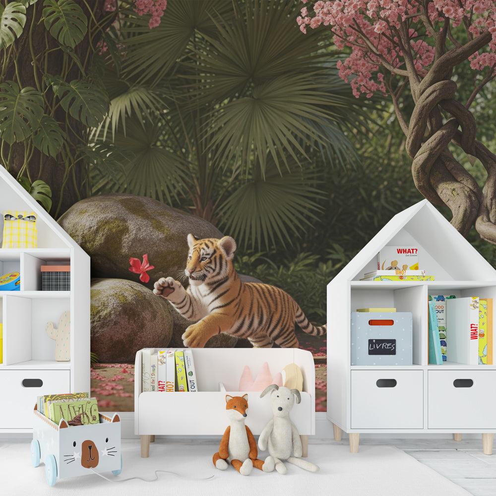 Safari jungle wallpaper with cute tiger cub creating imaginative play environment for kids room
