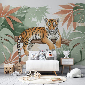 Jungle themed tiger mural wallpaper inspiring imaginative play in children's playroom setting