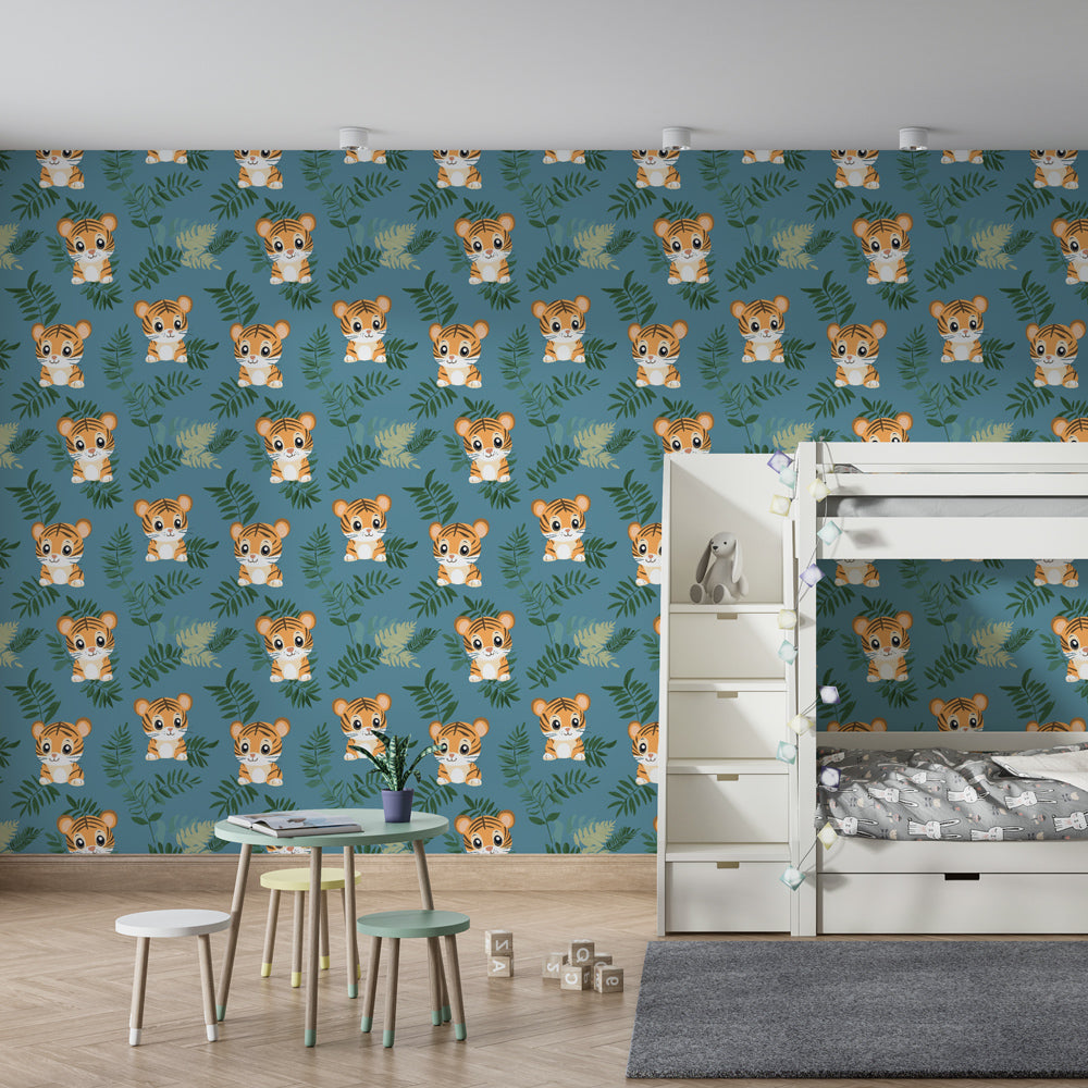 Playful tiger jungle wallpaper creating adventure-themed kids playroom decor