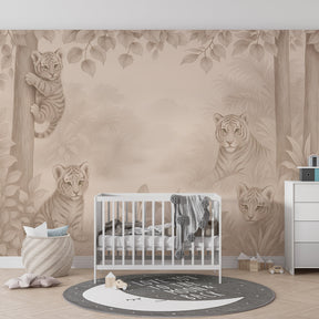 Children's tiger jungle wallpaper with soft neutral tones in playroom setting