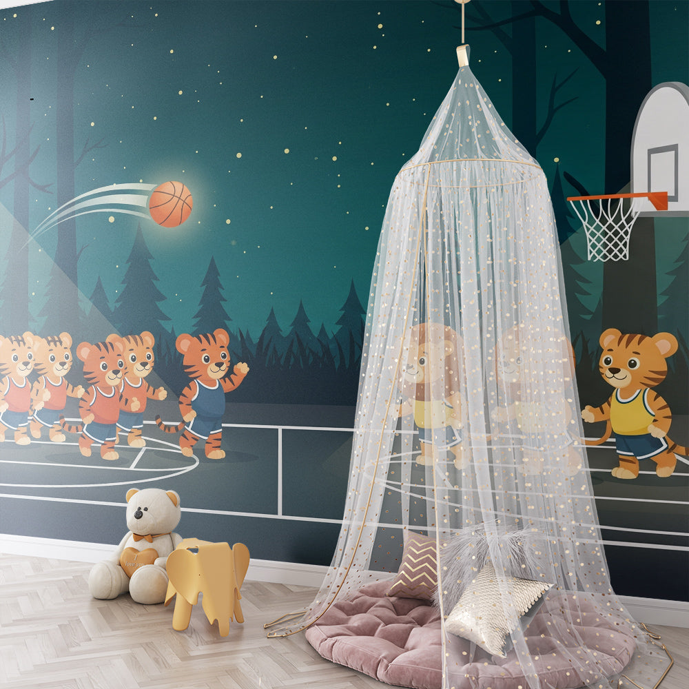 Kids-Mundo night basketball animal mural covering a feature wall in a bedroom