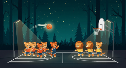 Flat artwork preview of the Kids-Mundo tiger and lion basketball match wall mural design