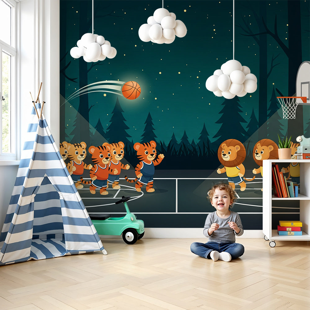 Kids-Mundo tiger and lion basketball wall mural in a lively kids bedroom