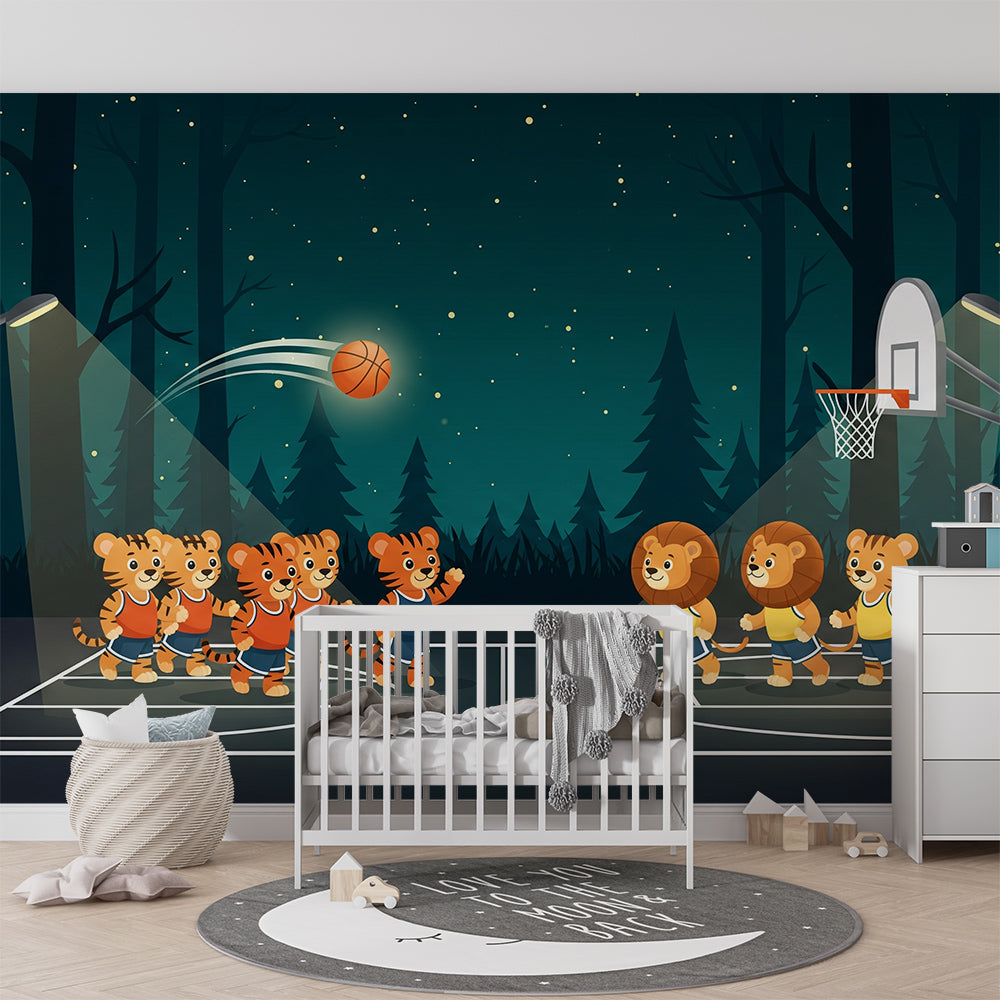Kids-Mundo tiger and lion match wall mural decorating a playroom with a hoop toy