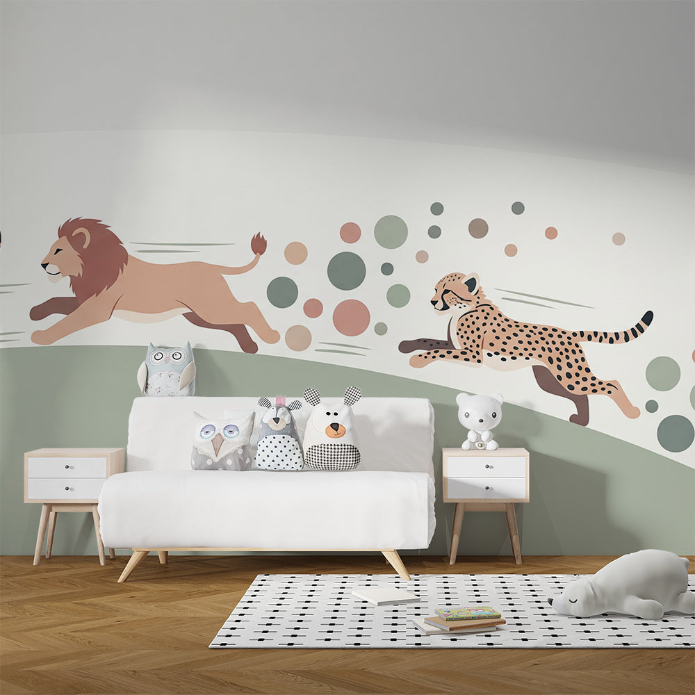 Kids-Mundo running big cats wall mural covering a feature wall in a child's safari-themed bedroom.