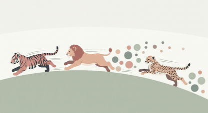 Flat artwork preview of the Kids-Mundo tiger, lion and cheetah wall mural running across a green hillside.