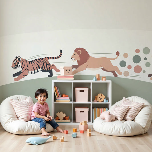Kids-Mundo tiger, lion and cheetah wall mural installed above a cot in a soft, modern nursery room.