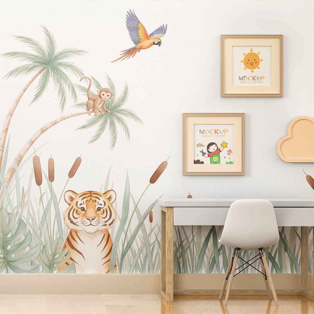 Kids-Mundo tiger, monkey and parrot wall mural pictured in a lively children's playroom.