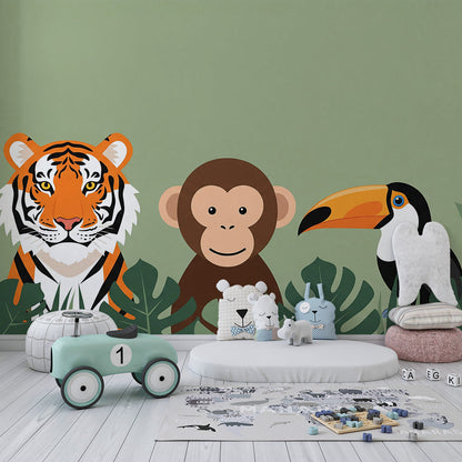 Kids-Mundo jungle animal wall mural with tiger and toucan covering a wall in a kids bedroom