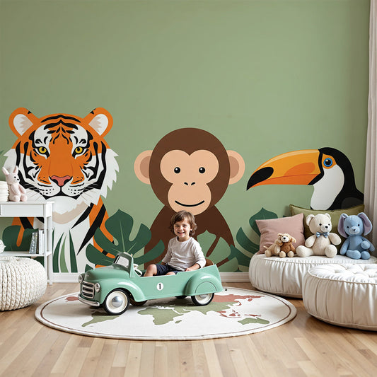 Kids-Mundo tiger, monkey and toucan wall mural styled behind a cot in a sage green nursery