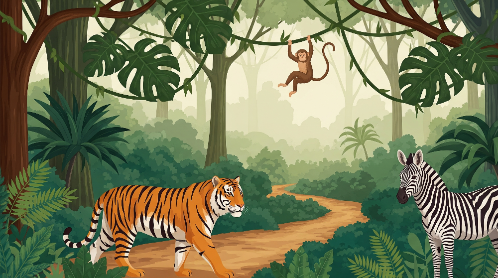 Tiger, Monkey and Zebra Jungle Trail Wall Mural