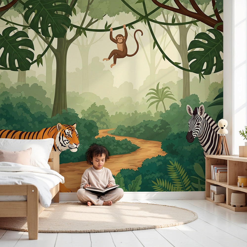 Kids-Mundo tiger and jungle trail wall mural styled in a bright nursery with a cot