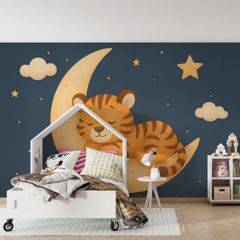 Sleeping tiger on crescent moon wallpaper transforming children's bedroom into magical space