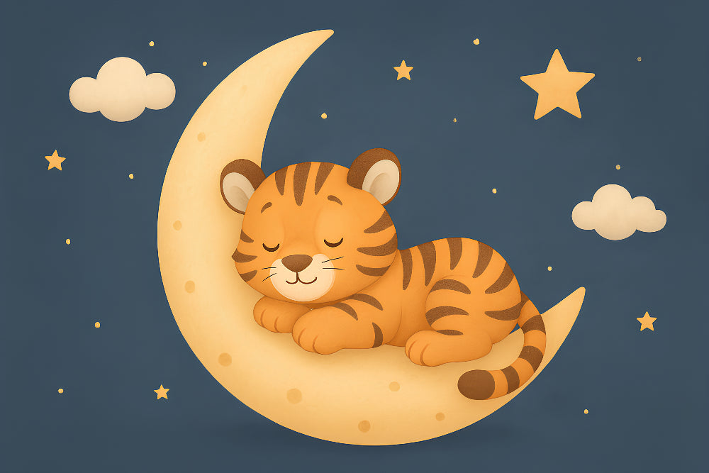 Detailed sleeping tiger on crescent moon mural wallpaper design pattern by Kids-Mundo