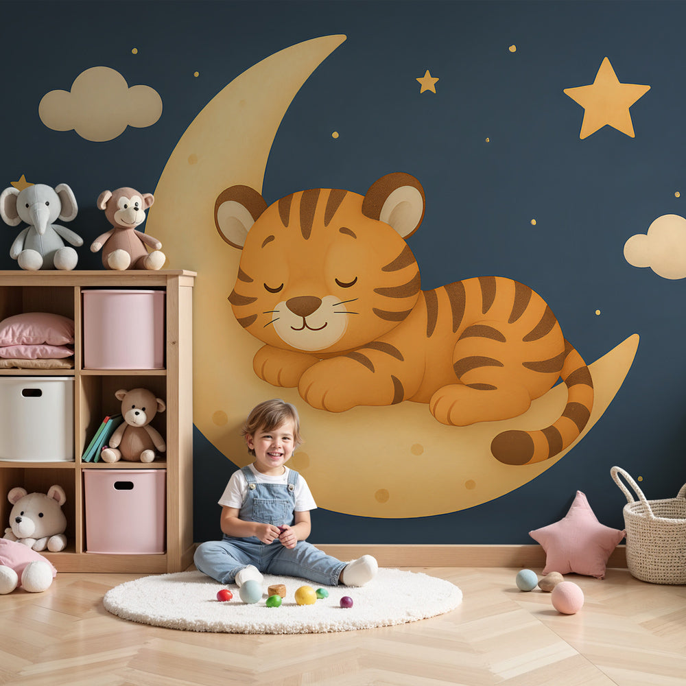 Tiger moon mural wallpaper creating dreamy nursery atmosphere with sleeping cub design by Kids-Mundo