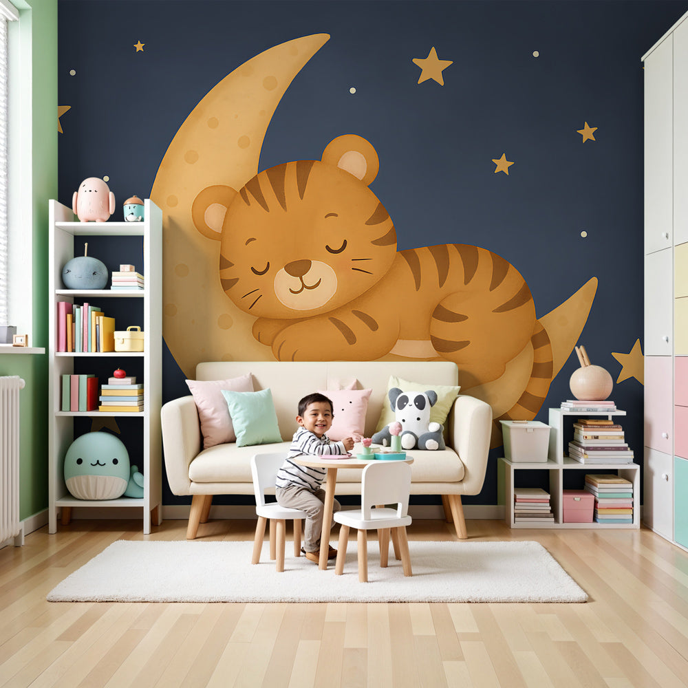 Tiger moon mural wallpaper in cozy nursery with sleeping tiger on golden moon by Kids-Mundo