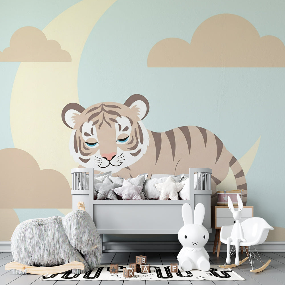 Night sky tiger mural wallpaper with soft clouds in modern kids playroom setting