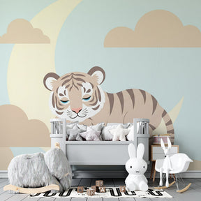 Night sky tiger mural wallpaper with soft clouds in modern kids playroom setting