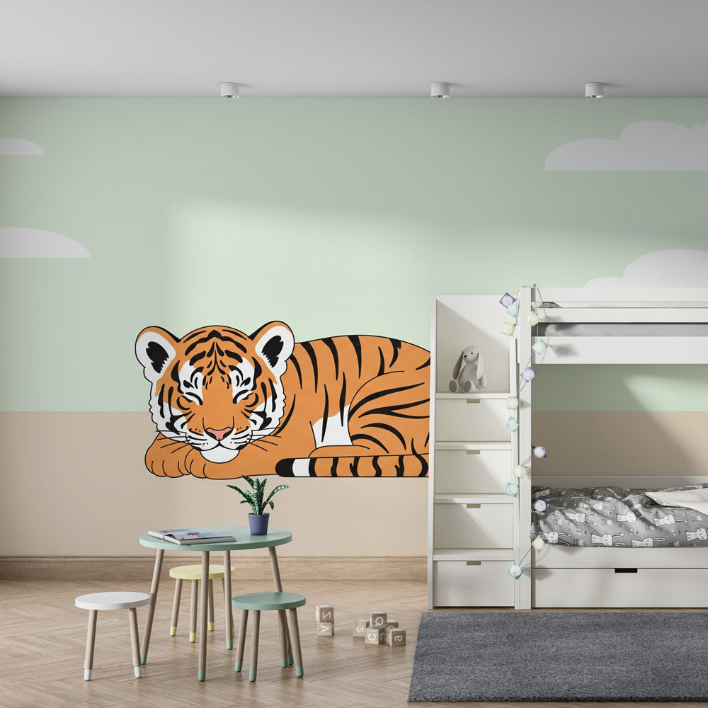 Tiger wallpaper with soft clouds decorating cozy children's nursery with natural wood furniture