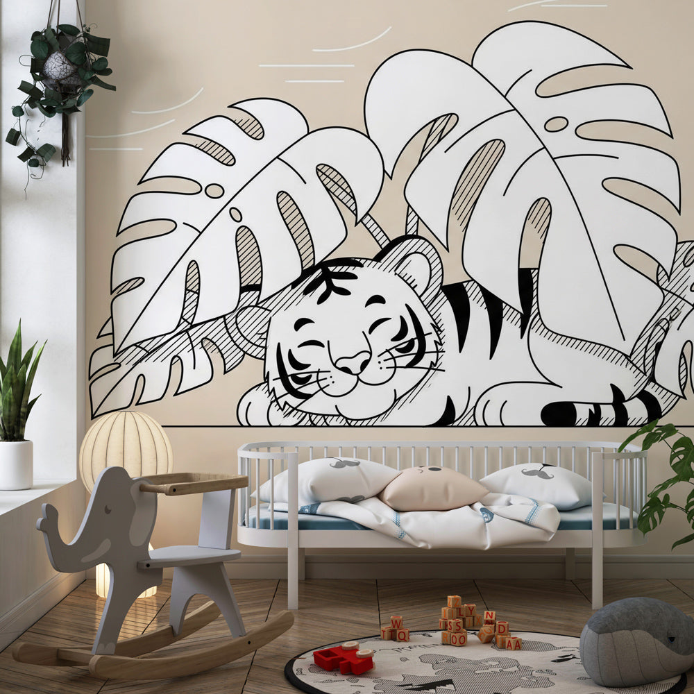 Tiger wallpaper creating serene jungle nursery decor with soft beige tropical leaves