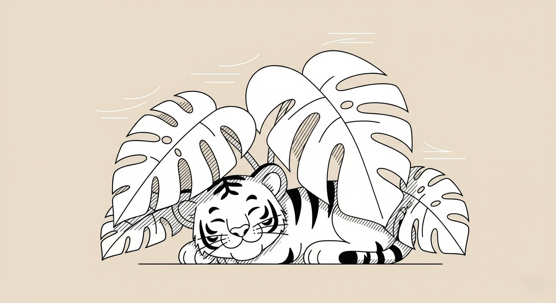 Detailed sleeping baby tiger mural wallpaper design pattern with tropical leaves by Kids-Mundo
