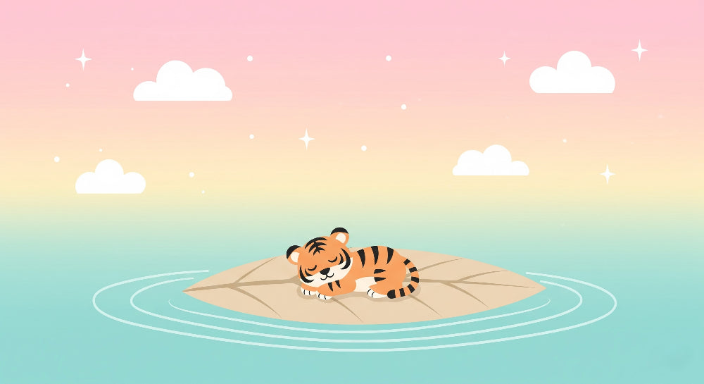 Detailed sleeping tiger on magical leaf wallpaper design pattern with dreamy sky background by Kids-Mundo