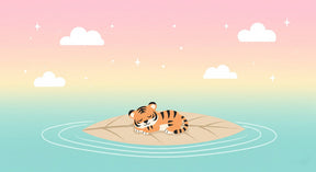 Detailed sleeping tiger on magical leaf wallpaper design pattern with dreamy sky background by Kids-Mundo