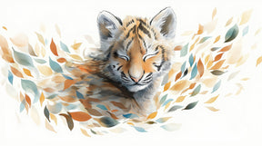 Detailed gentle tiger with floating leaves mural wallpaper design pattern by Kids-Mundo