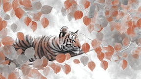 Detailed tiger and foliage mural wallpaper design pattern with gray and red tones by Kids-Mundo