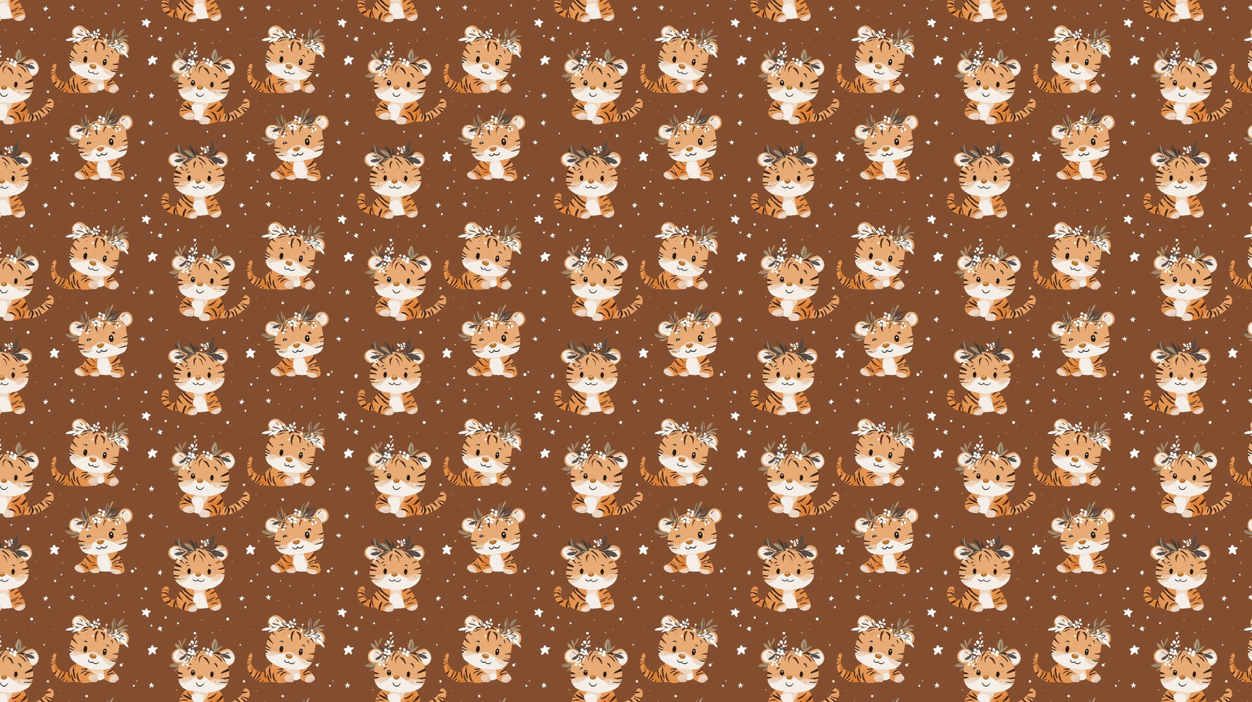 Detailed tiger mural wallpaper design pattern with stars on brown background by Kids-Mundo