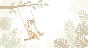 Detailed swinging tiger mural wallpaper design pattern with tropical leaves by Kids-Mundo