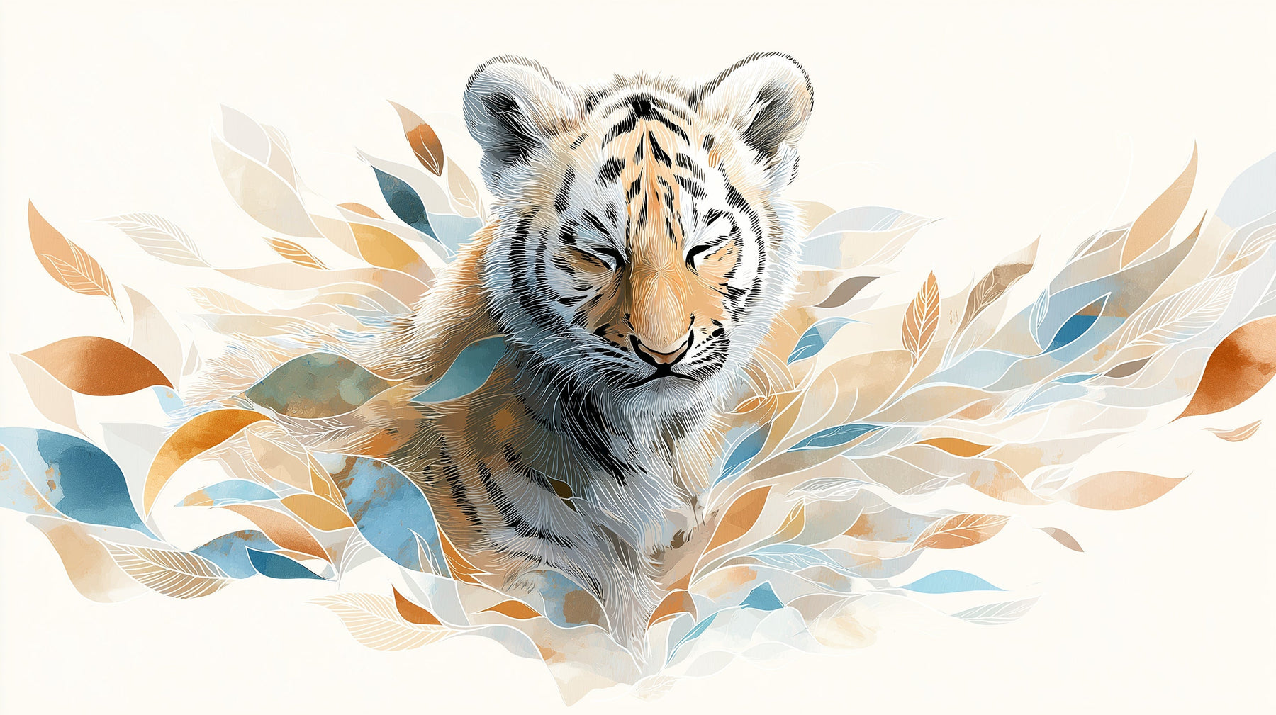 Detailed tiger mural wallpaper design pattern with tropical foliage by Kids-Mundo