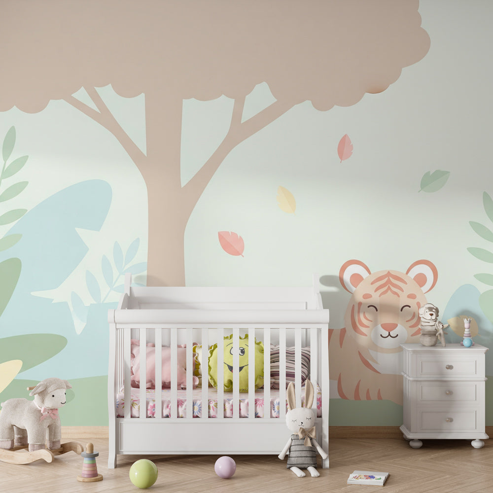 Gentle tiger wall mural with forest plants in cozy toddler room by Kids-Mundo