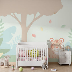 Gentle tiger wall mural with forest plants in cozy toddler room by Kids-Mundo