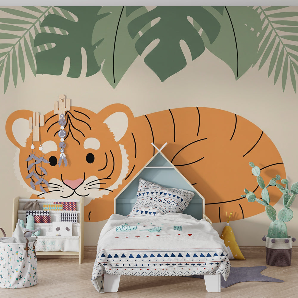 Kids bedroom featuring adorable tiger mural wallpaper with natural wood furniture decor