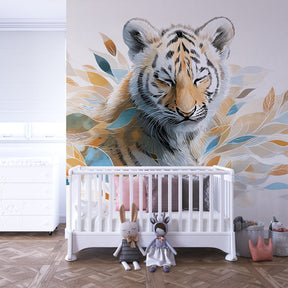 Beautiful tiger wallpaper with blue orange leaves decorating peaceful children's room